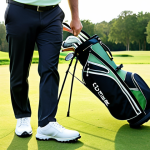 ** A golfer on a lush green golf course carrying a lightweight stand bag with visible legs extended. The bag is well-organized, showing individual club slots. Focus on the convenience and ease of movement. Prompt: "A golfer easily walking on a green golf course, carrying a modern stand bag filled with clubs. Sunlight, green grass, focus on the bag's lightweight design and organized compartments."

**