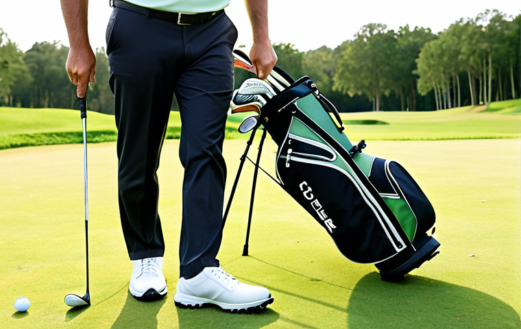 ** A golfer on a lush green golf course carrying a lightweight stand bag with visible legs extended. The bag is well-organized, showing individual club slots. Focus on the convenience and ease of movement. Prompt: "A golfer easily walking on a green golf course, carrying a modern stand bag filled with clubs. Sunlight, green grass, focus on the bag's lightweight design and organized compartments."
**